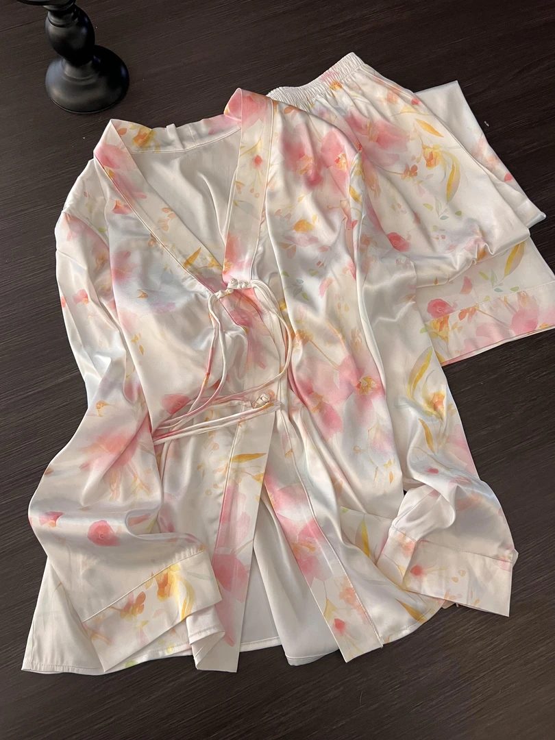 汉服新中式国风提花冰丝睡衣女春秋季长袖长裤家居服套装可外穿