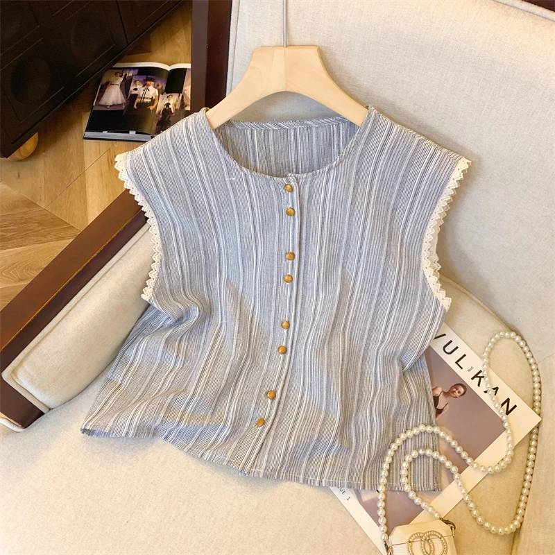 法式蓝色条纹无袖马甲衬衫女夏季新款蕾丝拼接小上衣