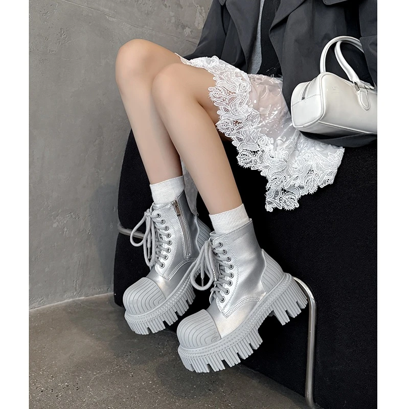 【邓老师】牛皮/6cm/娃娃头增高女靴系带网红马丁靴厚底增高小个子