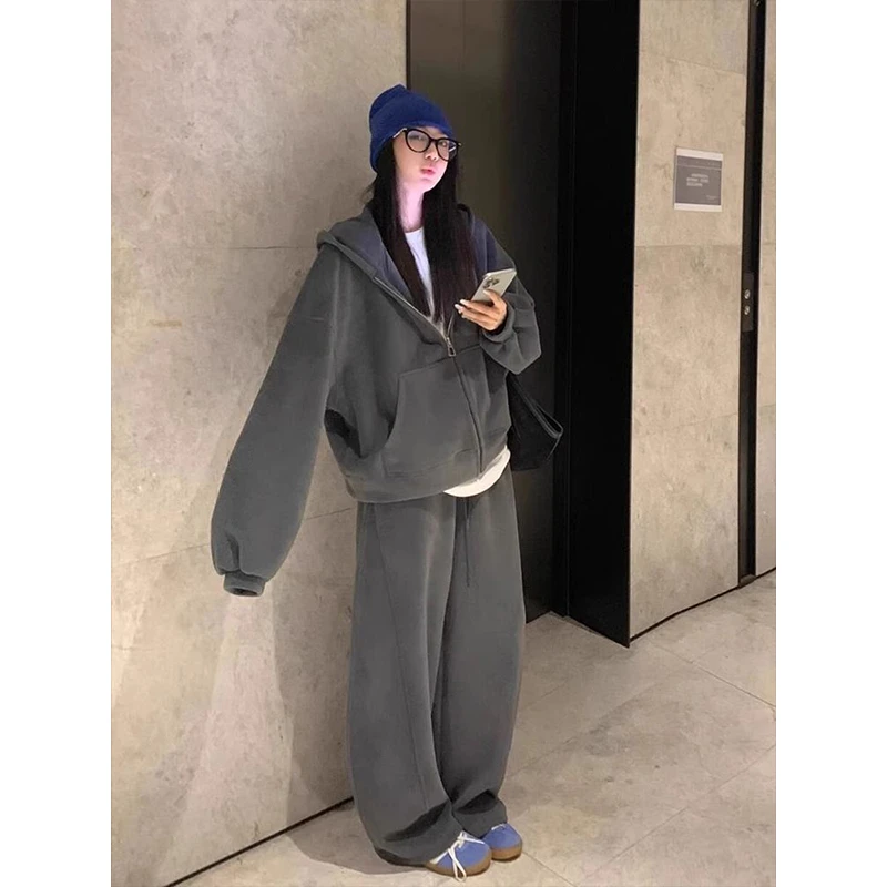 美式复古休闲纯棉加绒运动服套装女秋冬韩版显瘦卫衣阔腿裤两件套