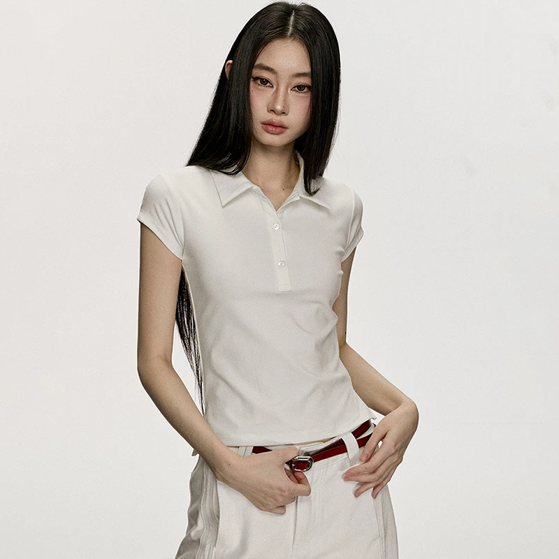 anna aneae白色polo领针织短袖T恤女夏休闲运动正肩显瘦短袖上衣