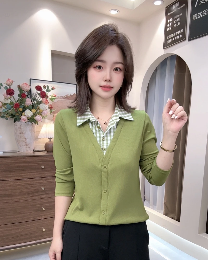 2025秋季新款显瘦衬衣格子领长袖拼接假两件纯欲慵懒风女装