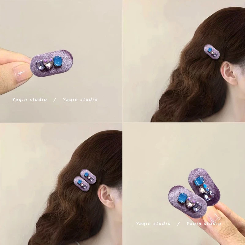 迷人紫色~丝绒烫钻迷你椭圆对装！新款复古发卡边夹刘海夹发夹女
