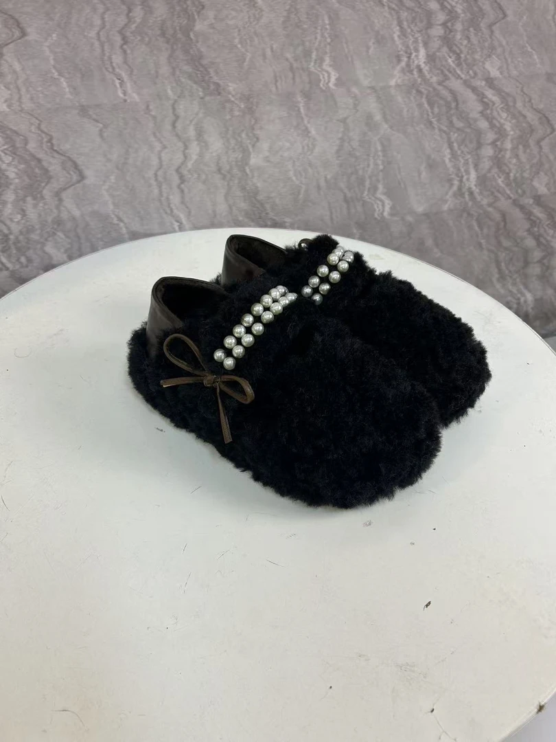 301-6新款厚底珍珠蝴蝶结全包毛毛鞋