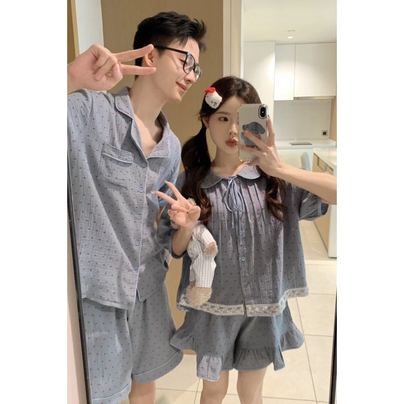 韩版情侣甜美软绵宽松舒适娃娃领休闲外穿短袖家居服睡衣