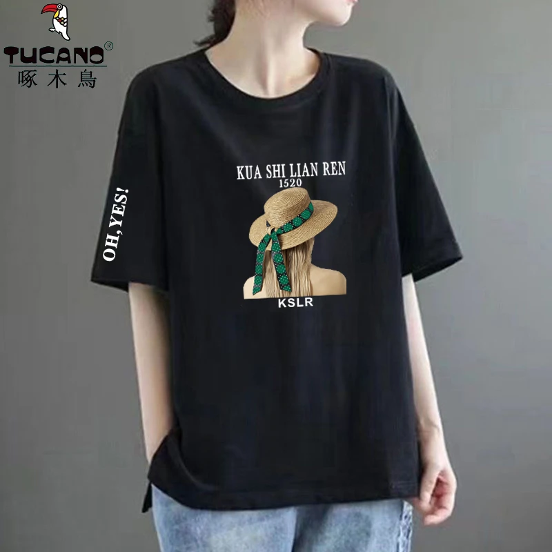 啄木鸟纯棉百搭短袖t恤女小个子时尚宽松上衣ins夏季慵懒风微胖潮