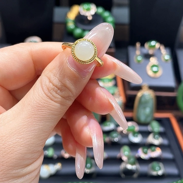 和田玉（碧玉）银S925镀金镶嵌戒指