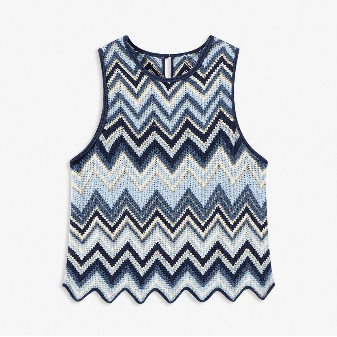 《猪猪出品》条纹无袖法式圆领毛针织衫宽松复古坎肩蓝色镂空背心