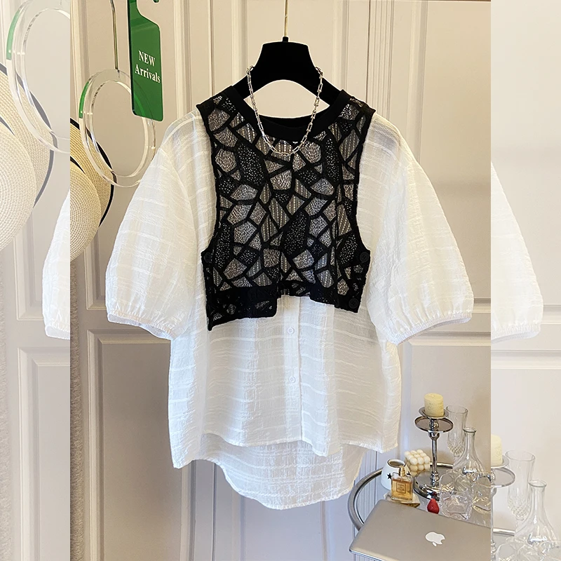 现货2025年夏季新款蕾丝拼接假两件套头拼接设计感大码宽松女衬衫