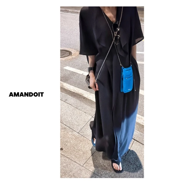 4312丨荷叶半开领系短袖自然垂感长款连衣裙