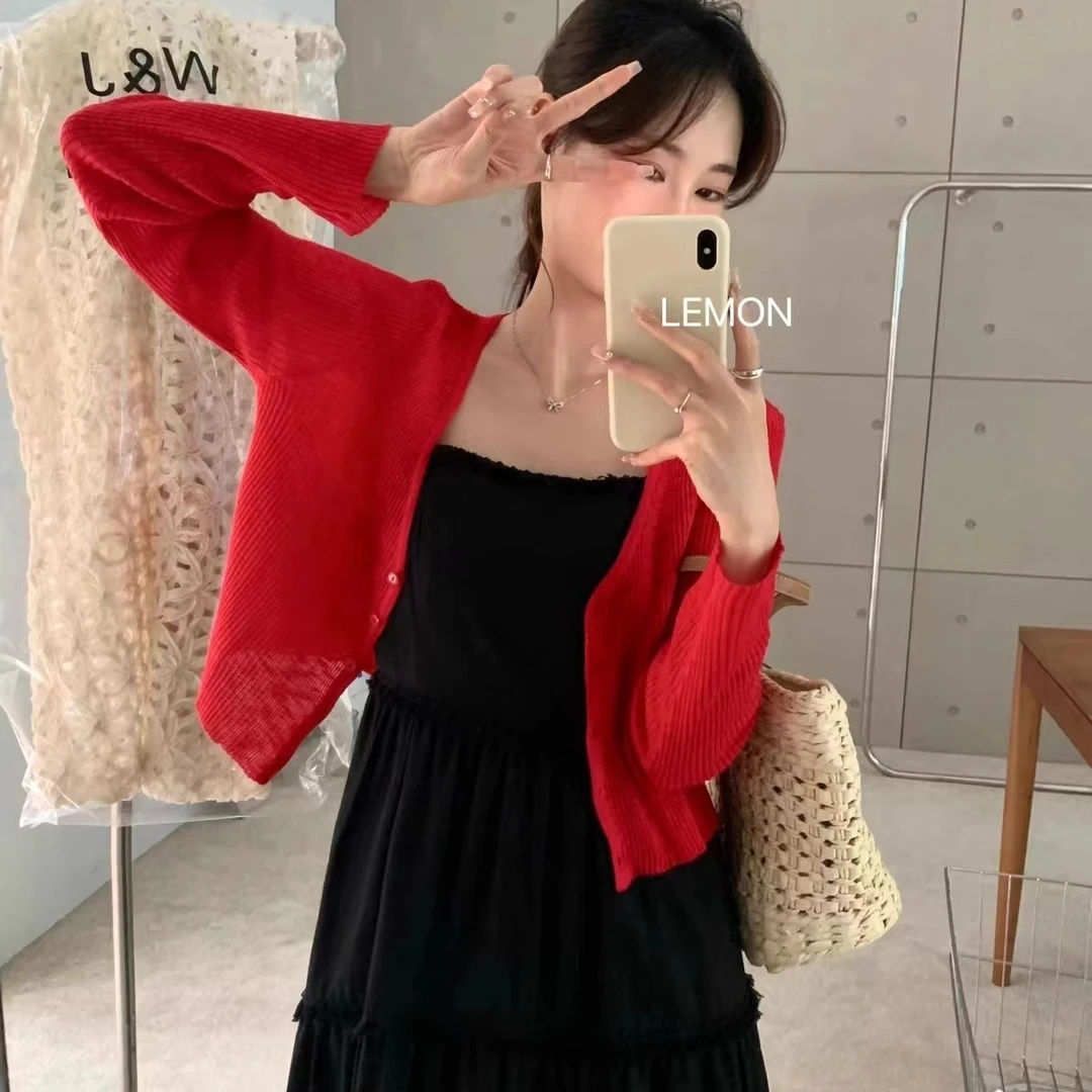 夏季红色冰丝针织开衫V领防晒衫长袖修身外搭修身披肩上衣短款