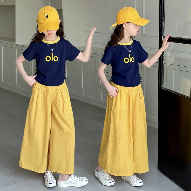 女童短袖T恤套装夏季2025新款儿童洋气上衣夏装女孩阔腿裤两件套