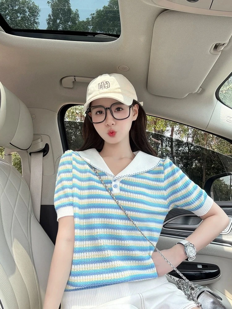 娃娃领撞色条纹短袖t恤女夏季新款薄款针织气质百搭翻领上衣