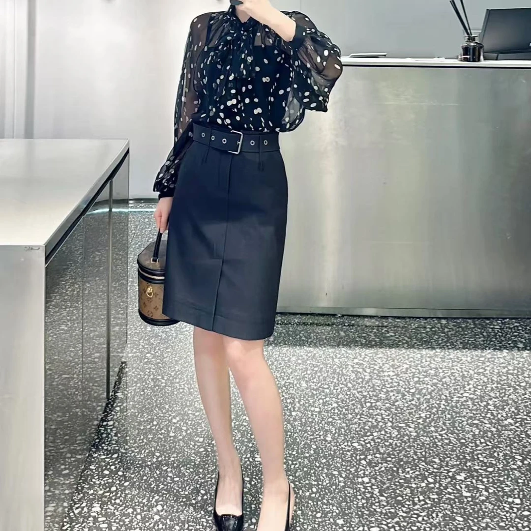 半身裙-350602艾家职业风腰带开叉裙