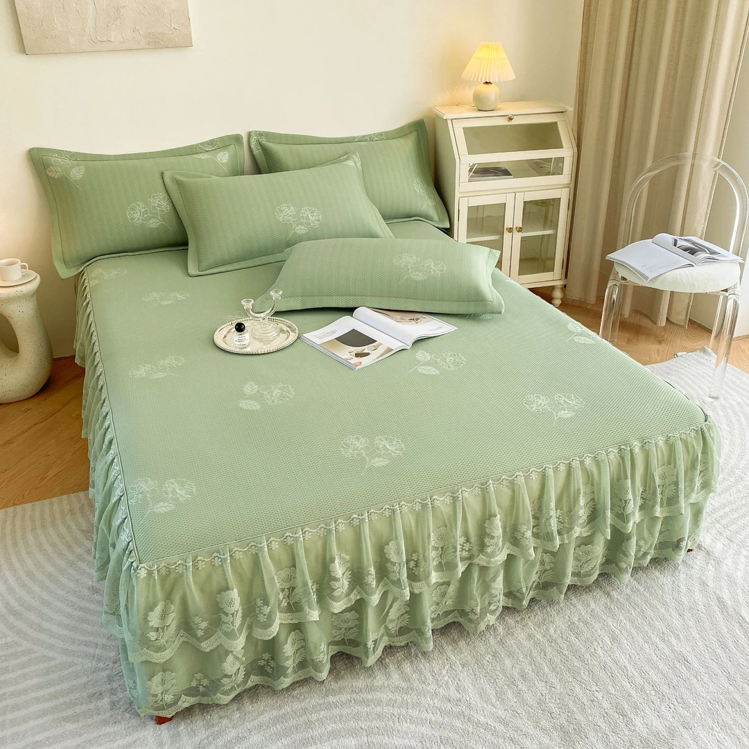 高端可机洗3D防滑透气凉豆豆软凉席三件套凉感冰丝凉席床罩床裙款