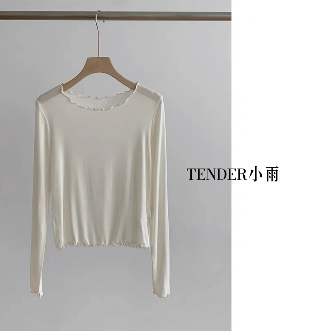 【打底衫】法式复古木耳边百搭纯色打底衫