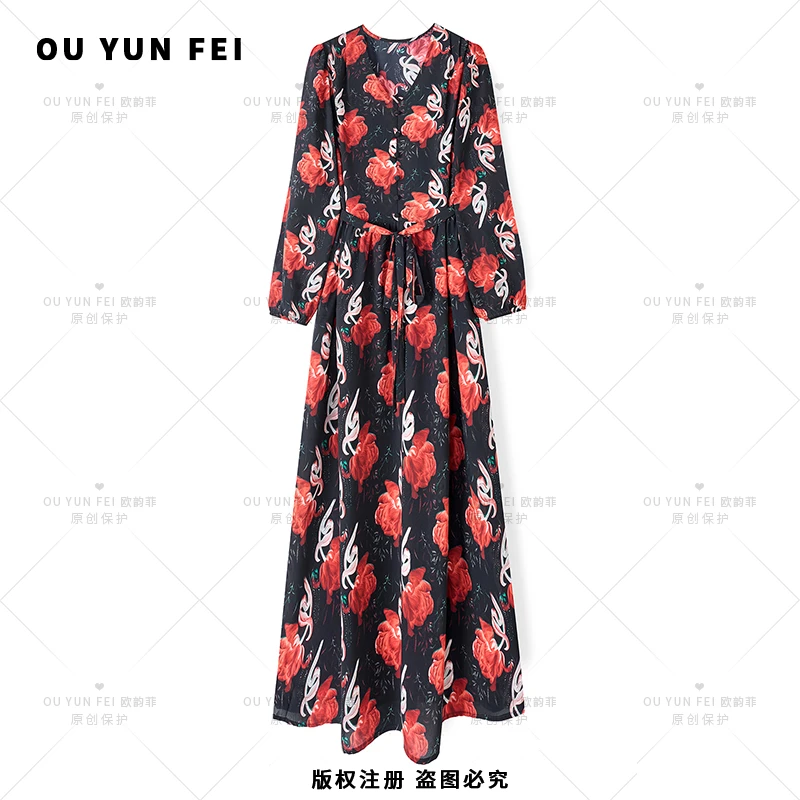 高级感连衣裙女夏季新款气质显瘦穿搭印花长裙F2003