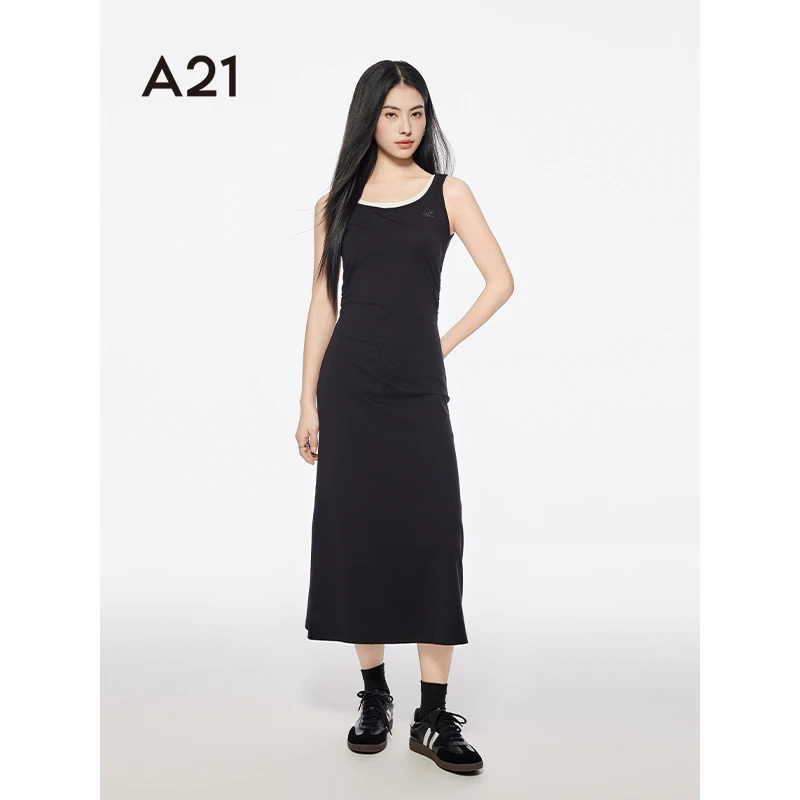 A21女装圆领无袖假两件针织中长款连衣裙F452237012