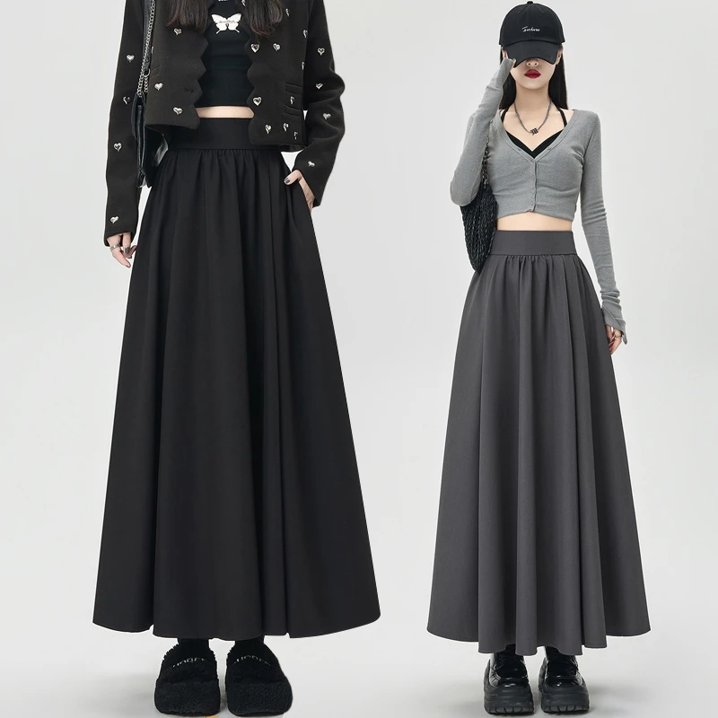 赫本风黑色西装半身裙女高腰垂感a字大摆伞裙中长款气质百褶长裙