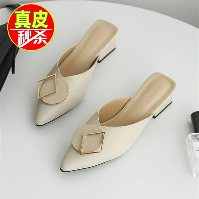 红蜻蜓金典包头半拖鞋女新款时尚外穿中跟粗跟懒人穆勒鞋尖头鞋女