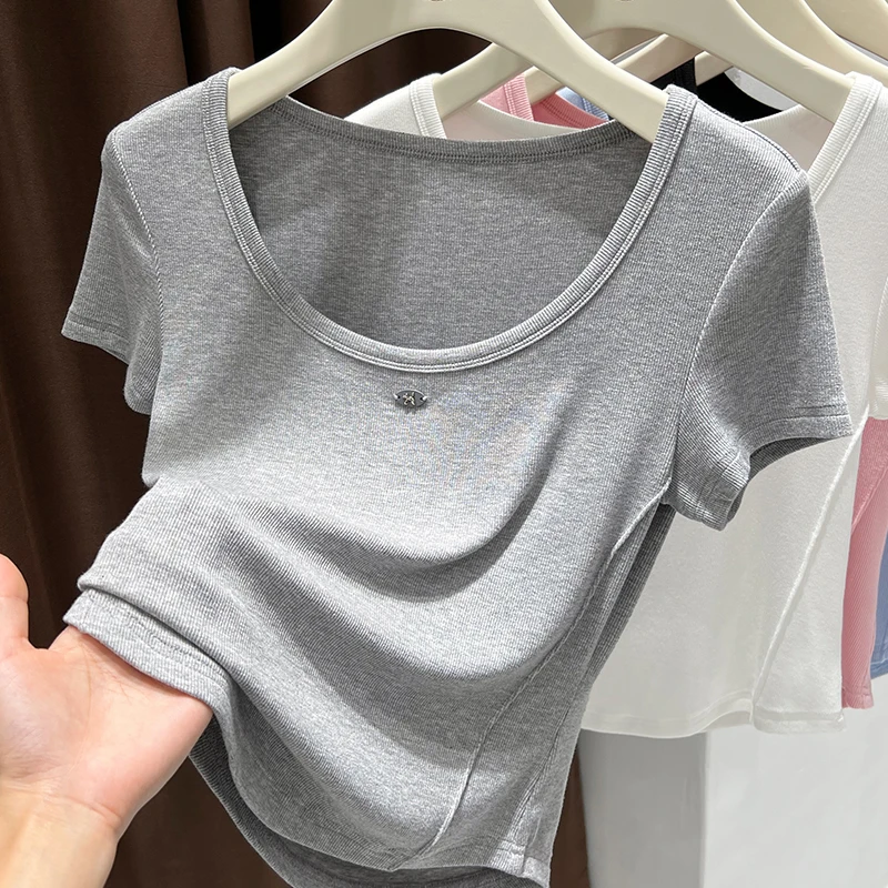 灰色大圆领正肩短袖上衣女夏季软糯针织内搭打底薄款显瘦T恤爆款