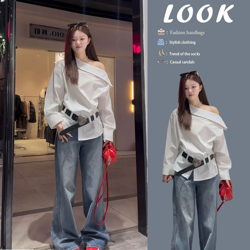【现货】韩系穿搭2025爆款洋气别致时髦斜肩上衣牛仔阔腿裤两件套装
