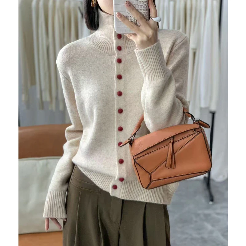 羊毛开衫女网红时尚外套气质百搭长袖针织衫翻领纯色上衣打底毛衣