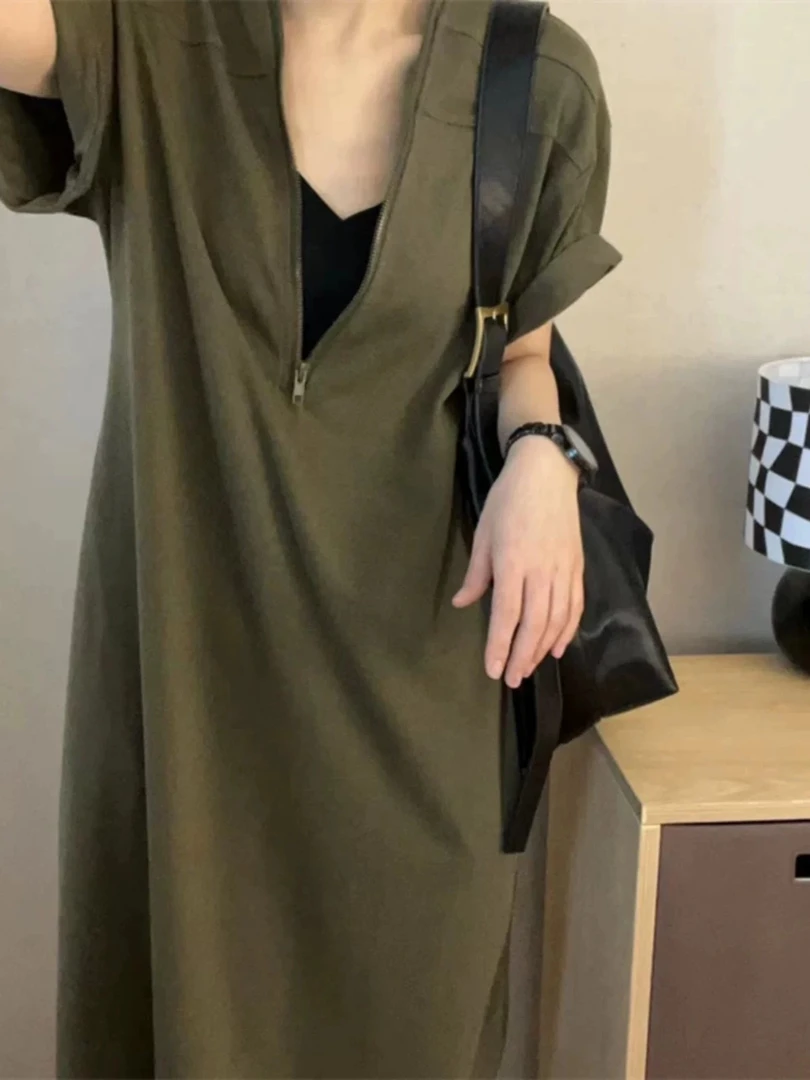 大V领口拉链短袖宽松连衣裙气质时尚休闲百搭中长款连衣裙-330132