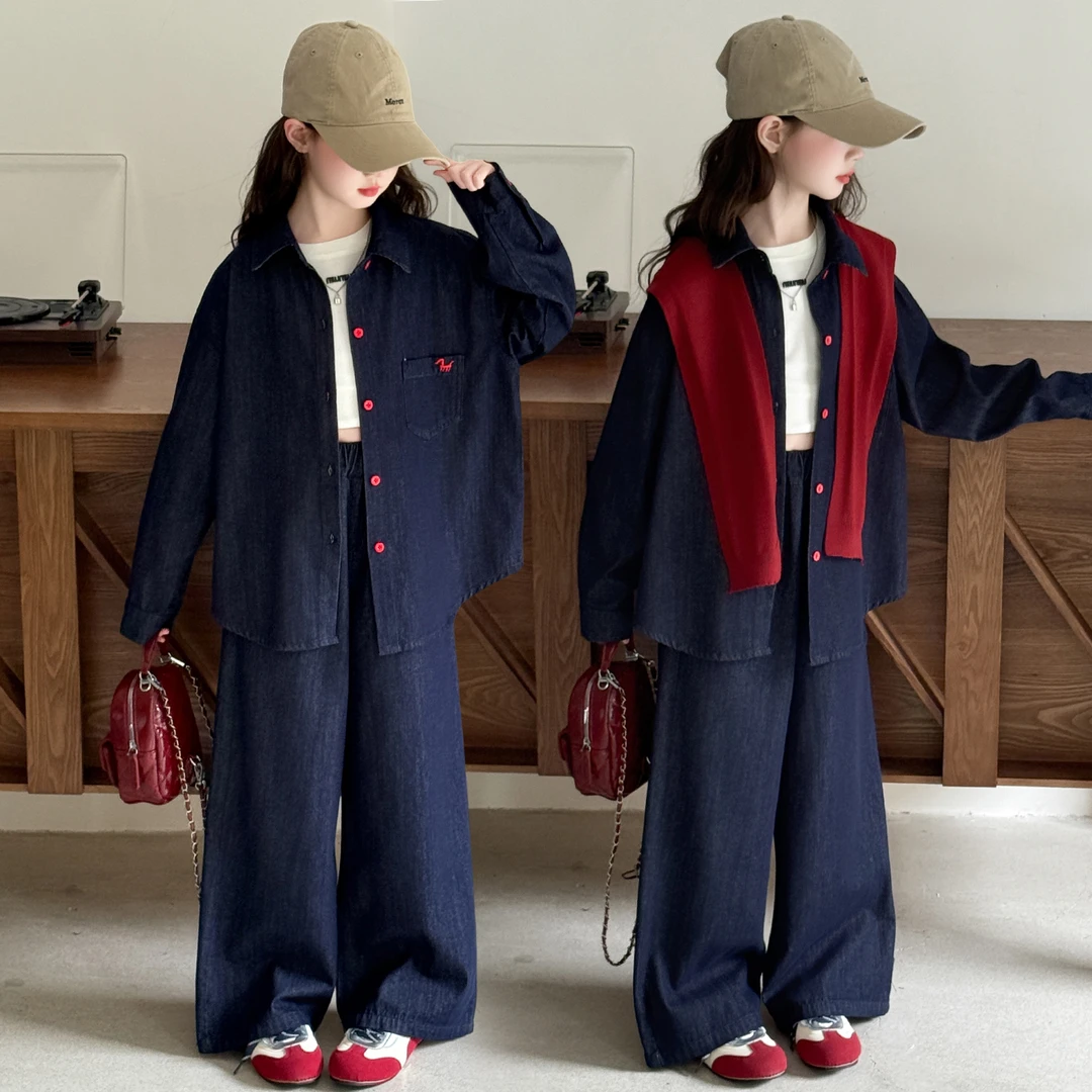 女童牛仔套装春秋款2025新款女孩大童韩系衬衫穿搭儿童秋装三件套