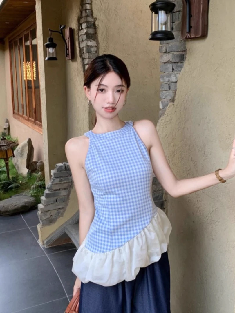 不规则网纱拼接蓝色格子挂脖吊带背心女春外穿设计感修身无袖上衣