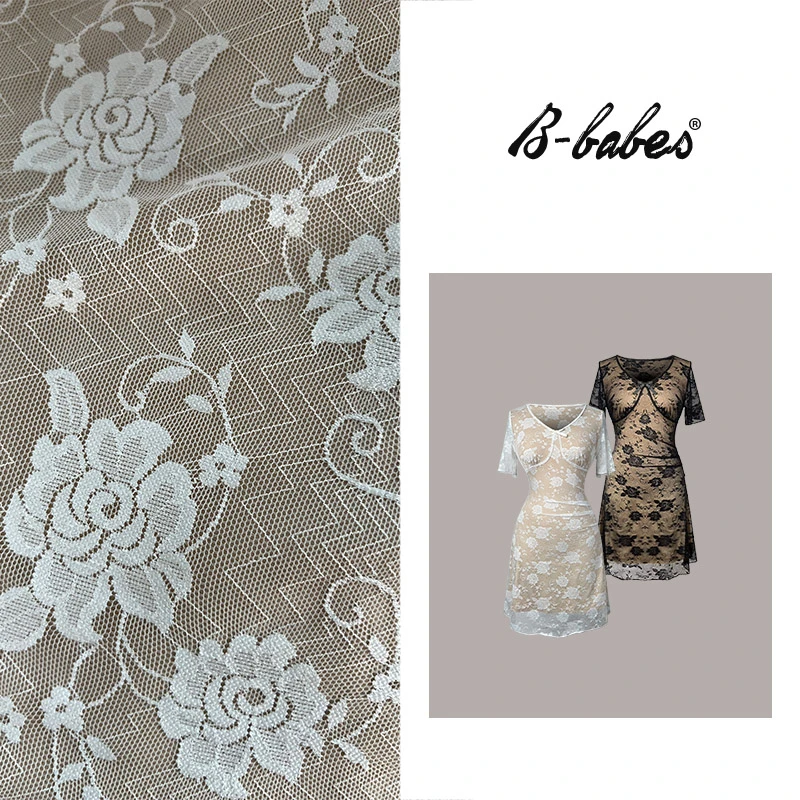 B-babes【韵味天成】法式性感V领蕾丝网纱收腰显瘦短袖连衣裙-倾