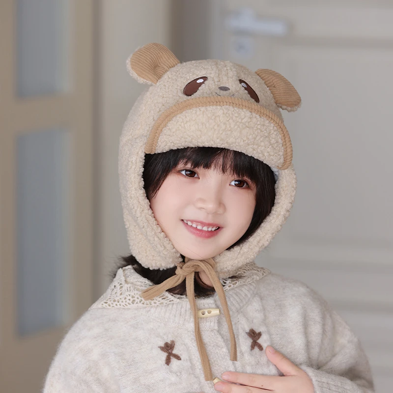 儿童帽子秋冬季宝宝加厚保暖护耳帽男女童卡通羊羔绒防风套头帽潮