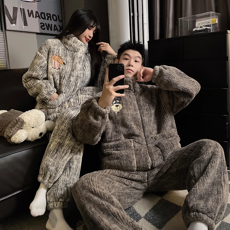 可外穿冬季加厚情侣睡衣女珊瑚绒法兰绒保暖男士高级感家居服套装