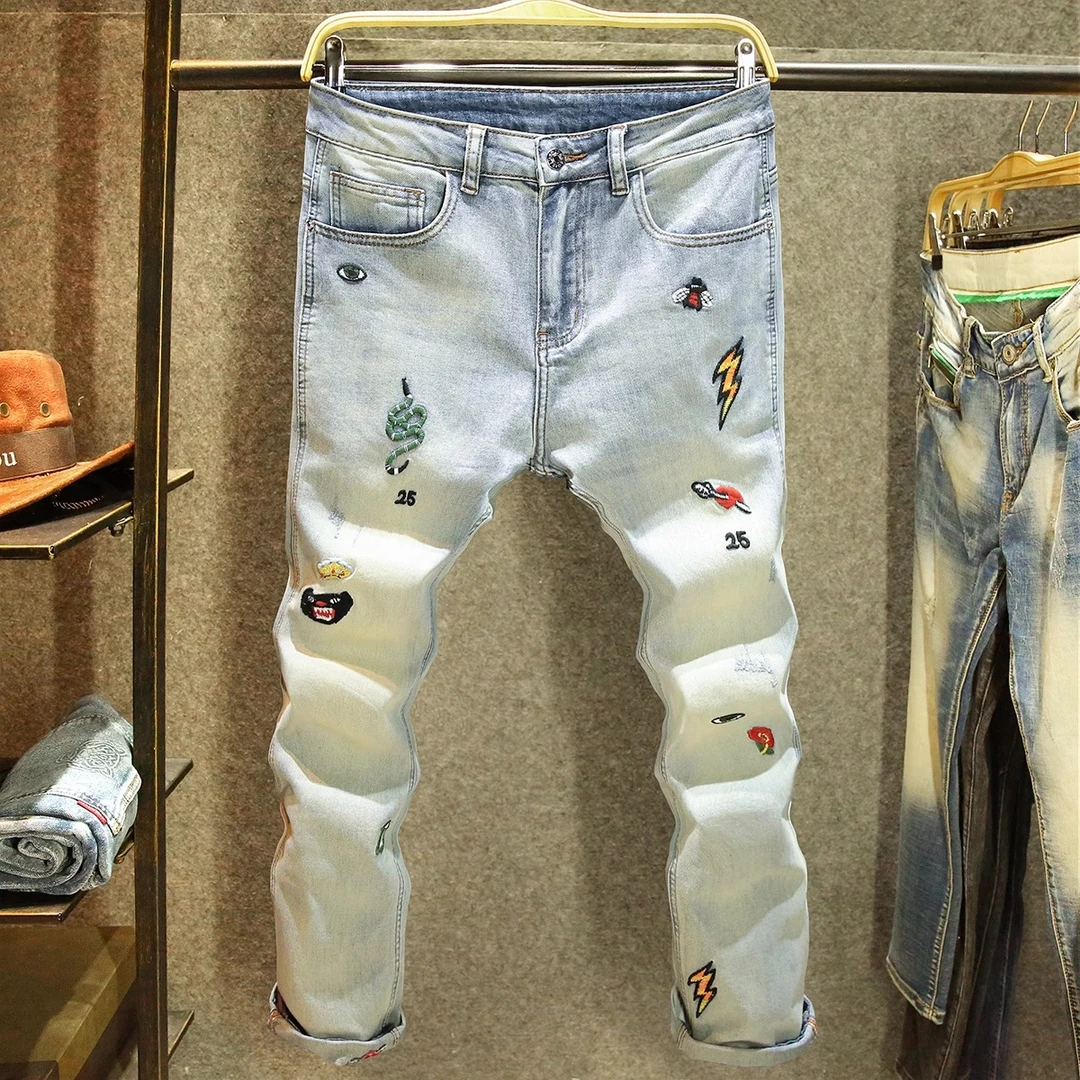 法国Cebrodz高端刺绣牛仔裤男复古怀旧修身小脚夏季薄款潮牌百搭