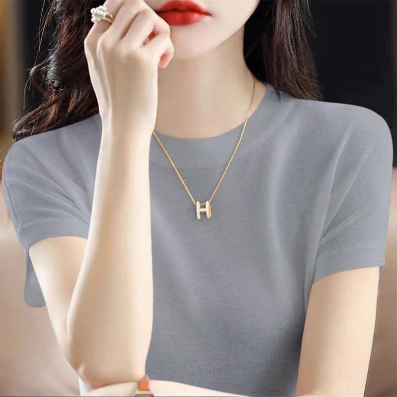 2025年夏季新款女装灰色宽松显瘦气质圆领T恤上衣纯色短袖针织衫