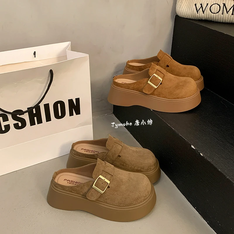 唐小小推荐~增高 5cm厚底勃肯鞋款复古金属扣半拖女单鞋