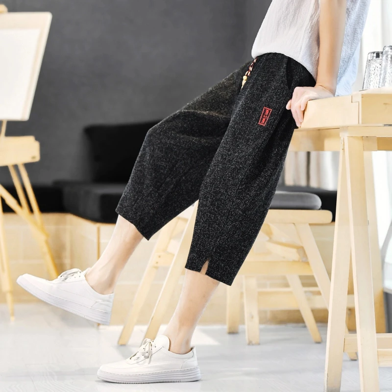 夏季中国风男士七分裤复古宽松国潮百搭哈伦裤新中式冰丝休闲短裤