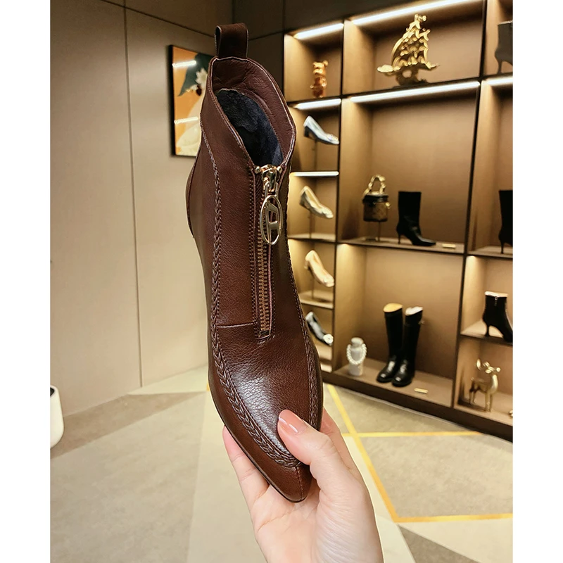 厚底+软牛皮3-5-7cm运动底舒适真皮短靴冬季高跟鞋编织气质时装靴