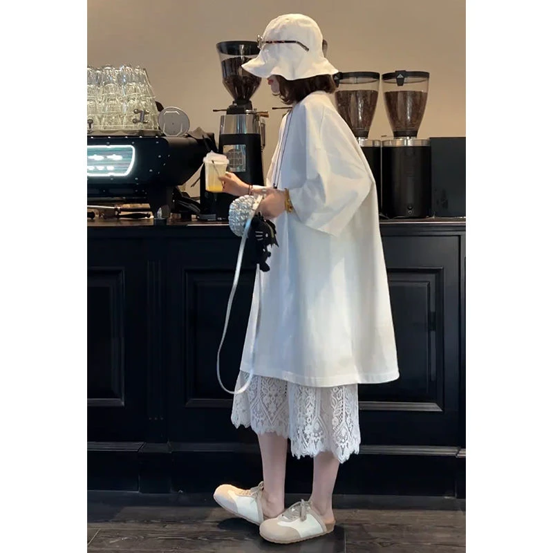 欧洲站2025夏季新款韩版百搭宽松中长款T恤高腰纯色蕾丝半裙套装