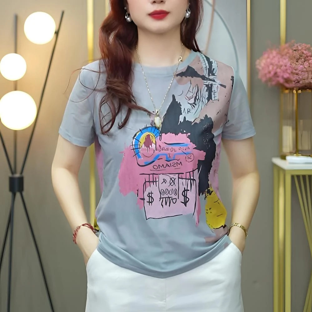 【美式涂鸦 】夏季印花休闲网纱百搭气质圆领短袖T恤打底上衣1736