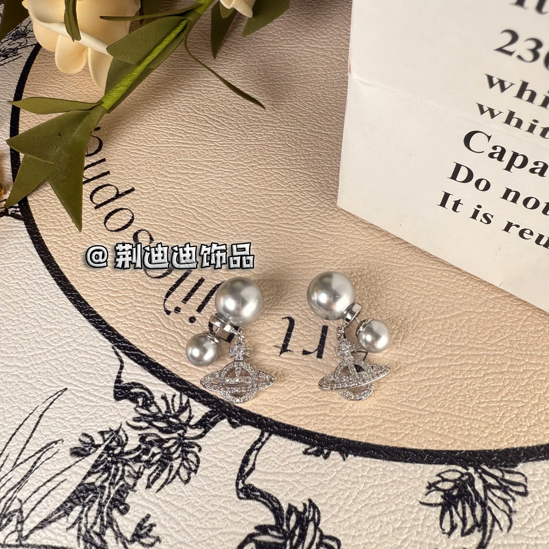 铜合金仿珍珠耳饰 简约灰贝珠土星锆石耳饰RS-1109