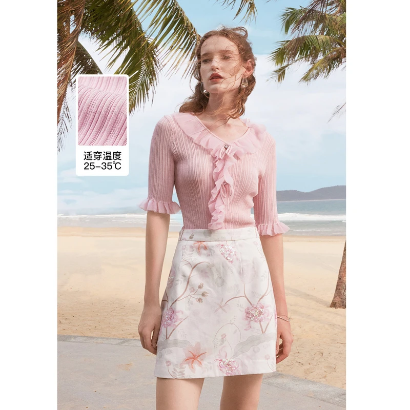 MISSCOCOON夏新款温柔欧根纱荷叶边V领针织衫