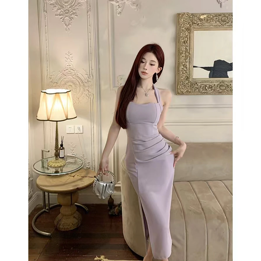 法式性感纯欲风挂脖抹胸连衣裙开叉修身收腰气质名媛设计感中长裙
