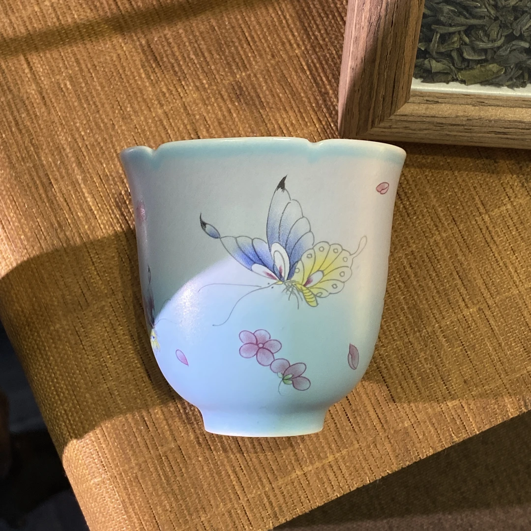 四海【蓝彩蝴蝶花口主人杯】中式精美茶道器具茶杯