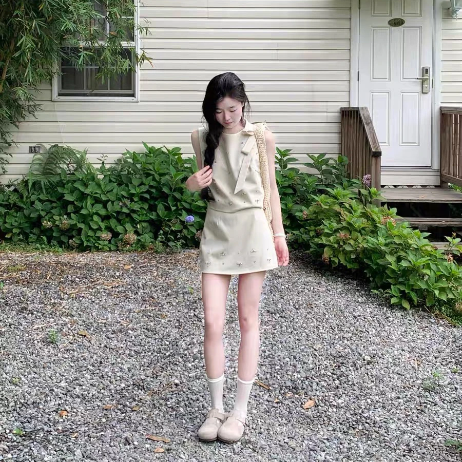 法式小香风套装女夏季小个子气质高级感蝴蝶结无袖上衣短裙两件套