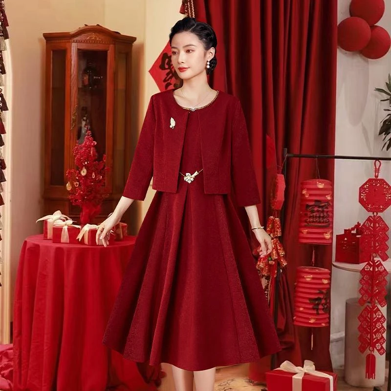 高端喜婆婆婚宴装两件套连衣裙2025春秋年轻妈妈婚宴日常可穿礼服