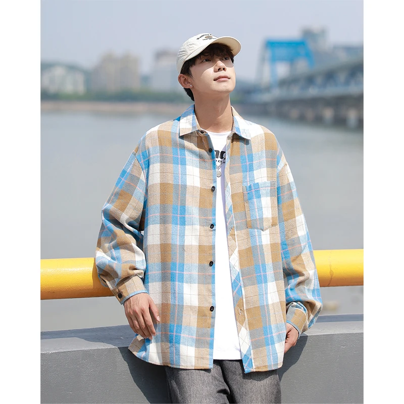 格子衬衫男长袖潮牌潮流日系宽松港风上衣服百搭韩版复古休闲衬衣