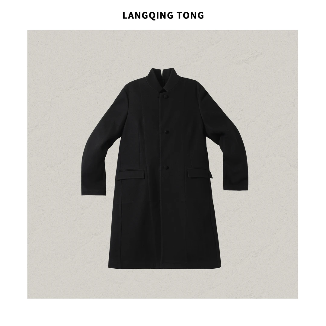 浪清/女装推荐 费拉德黑色立领中长款羊毛毛呢外套43408#