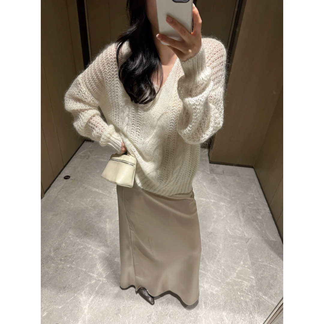 梓静 V领麻花毛织上衣宽松气质显瘦日常女士百搭针织套头衫0032