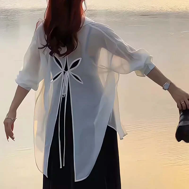 2025夏季新款女士高级感轻薄防晒服衬衫外套后背镂空雪纺开衫上衣